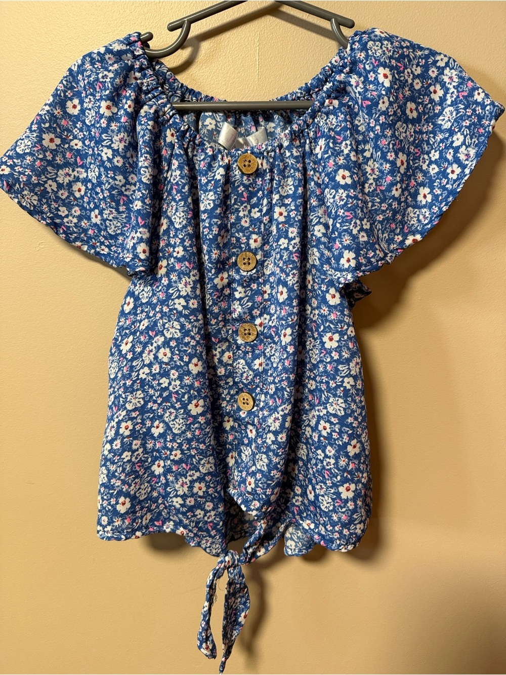 Girls Blue Floral Button-Front Tie Hem Top